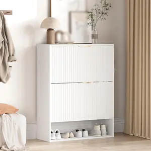Modern Fluted Shoe Cabinet, Slim Hidden Shoe Rack Cabinet with 2 Flip Drawers & Bottom Open Shelf, Freestanding Entryway Organizer, Perfect for Closet, Hallway, Foyer