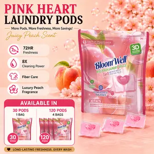 30 Pcs/Bag, 1 Bag/4 Bags 3-in-1 Laundry Pods, Family Size, 3D Lock-In Fragrance Microcapsule Technology Laundry Beads, Luxury Fragrance, Long-Lasting Scent, BloomWell Miss Peach, Deep Cleaning, Stain Removal, HE Compatible,