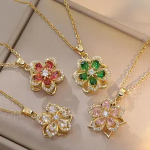 Women's Artificial Zircon Necklace - 1-Piece Rhinestone-Decorated Rotating Flower Pendant, Exquisite Fashion Costume Jewelry for Parties, Daily Wear, Artificial Zircon Necklaces