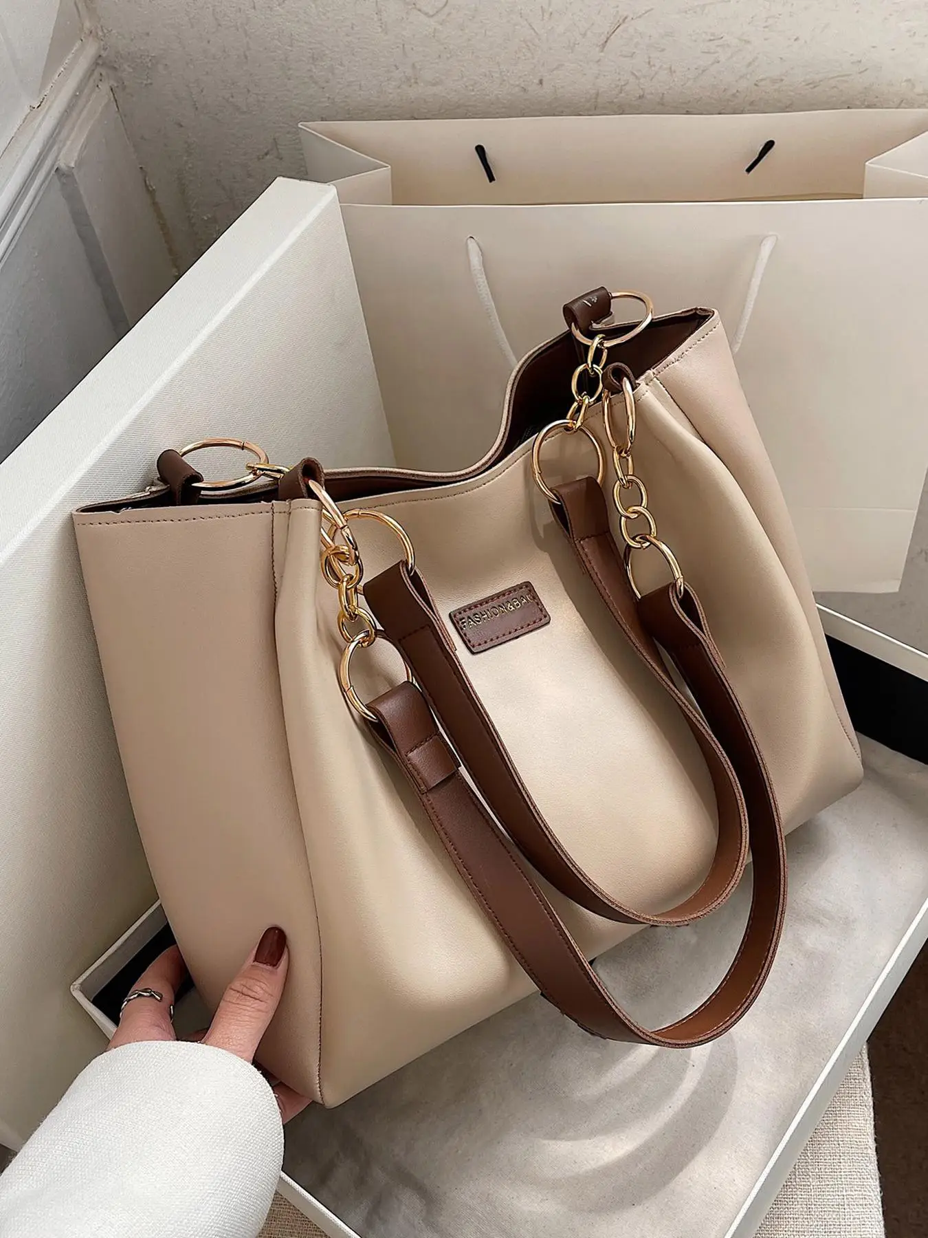 Women's Fashionable Solid Color Tote Bag, Large Capacity Patched Shoulder Bag for Daily Used, Casual Trendy Versatile High-quality Daily Commuting Bag