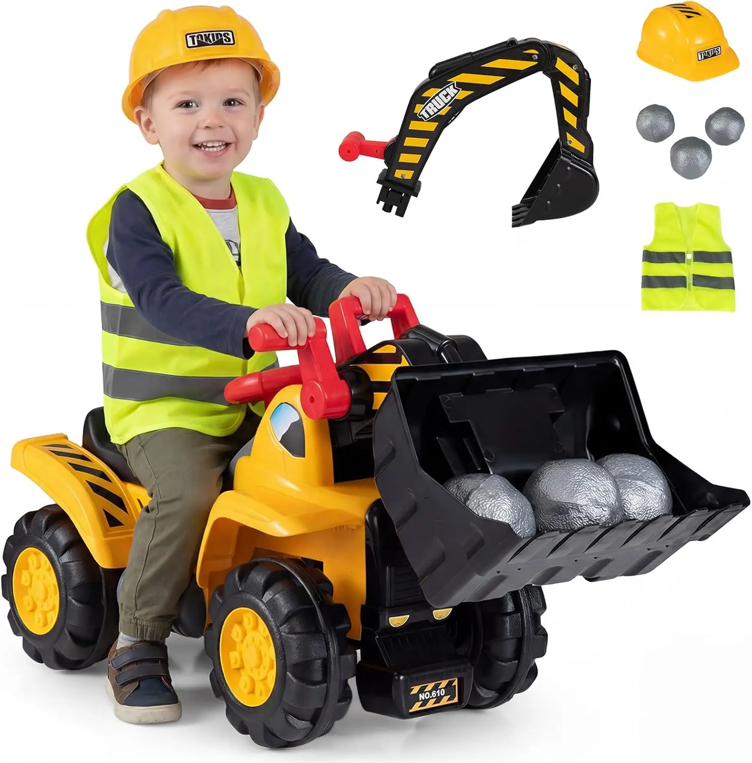 Costzon 3-in-1 Ride on Excavator Bulldozer, Kids Foot-to-Floor Push Car with Engine Sound & Under Seat Storage, Sit & Scoot Sliding Toy Construction Vehicle with Helmet & Vest for Aged 2+