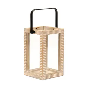 HomeRoots 634817 13 in. Natural Distressed Geometric Solid Wood Tabletop Lantern Candle Holder