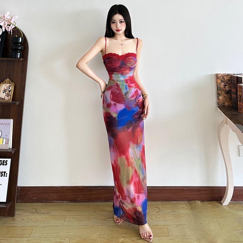 Women's Sexy Elegant Polyester Bodycon Maxi Dress, Colorful Tie-Dye Print, Spaghetti-Strap Sleeveless Strap Collar, Slim-Fit Style, Summer Fashion Trend Piece for Streetwear, Women Clubbing Clothes