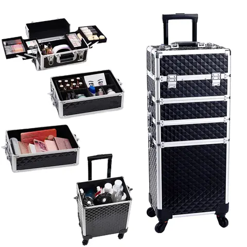 Joligrace 4 in 1 Rolling Makeup Train Case Large Cosmetic Trolley Box with Key Swivel Wheels Salon Barber Case