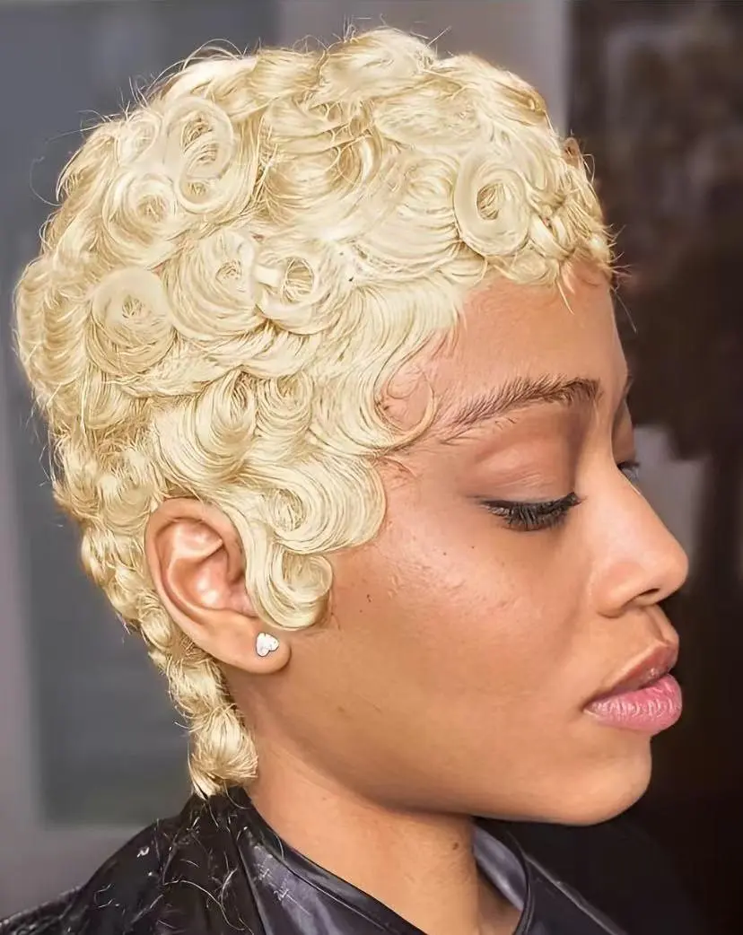 Sherawe 6-Inch 613 Human Hair Curled Pixie Wig - 180% Density, 22.5-Inch Medium Woven Cap, Heat Resistant, Full Machine-Made Unisex Fashion Wig for Summer Wear