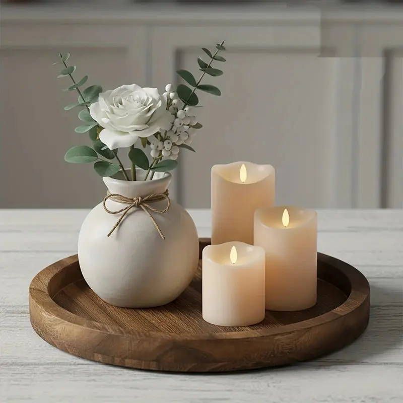 Serving Tray - Farmhouse Style Round Wood Plate for Kitchen Countertop, Coffee Table Centerpiece, Candles & Decor (11.2& 7.9”)