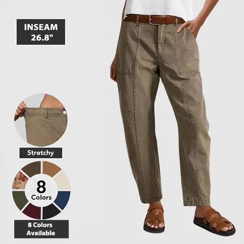 Flamingals Solid Stitch Detail Mid Waist Baby Barrel Fit Deep Pockets Pants High Stretch 26.8" Inseam Casual Women's Fashion Elevated Basic