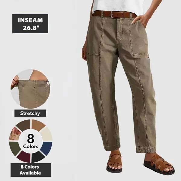 Flamingals Solid Stitch Detail Mid Waist Baby Barrel Fit Deep Pockets Pants High Stretch 26.8" Inseam Casual Women's Fashion Elevated Basic