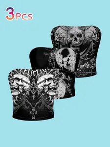 3-Pack Gothic Skull Tube Top, Slim-Fit Motorcycle Style Crop Vest, Casual All-Over Print Underwear, Subculture Fashion Shirt