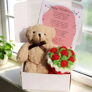 Mother's Day Teddy Bear Gift Set, Crochet Flower Bouquet Card, Plush Bear Box, Perfect Gift for Mom, Wife, Grandma, Mother's Day Present