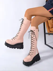 Women's Punk Lace-Up Motorcycle Boots, Y2K Style Thick Sole Biker Boots, Cosplay K-Pop Fashion, All Seasons Footwear, Platform Boots
