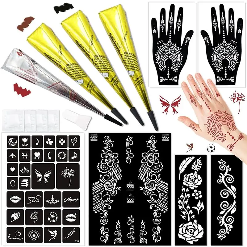 Temporary Stencils Tattoos Kit, 4 Pcs Tattoo Cones 3 Color (2 Black 1 Maroon 1 Cherry Red) with Gloves Brush Tool,DIY Body Art Skin Painting Designs for Women Men Kids Party Gifts, Organic Mehandi Temporary Tattoo&Hair Color,hair dye kit,color,shiny hair