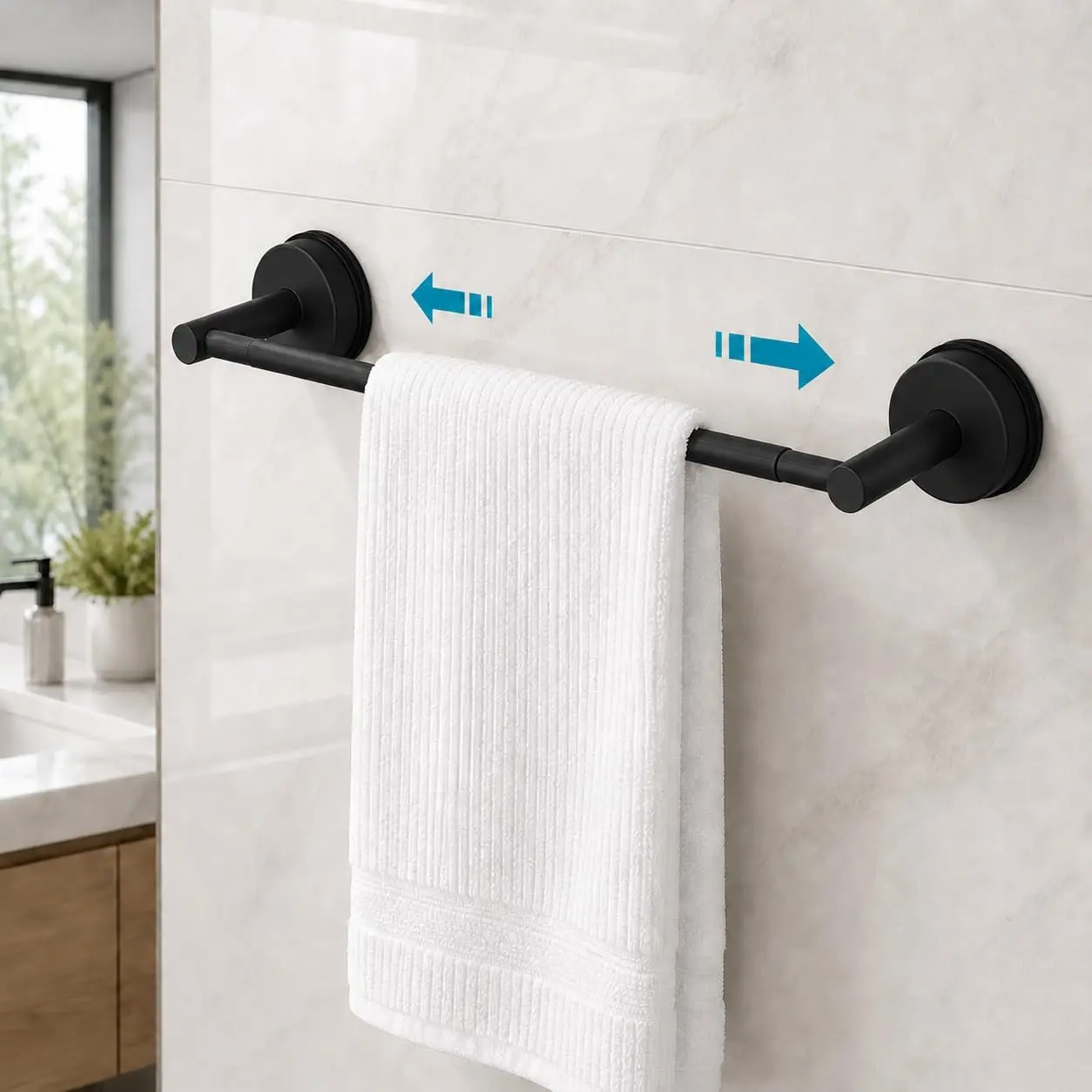 No-Drill Suction Towel Bar with Length Adjuster - Thick Carbon Steel Rustproof Grip Towel Holder Bathroom, Twist-Lock Extendable Removable Heavy-Duty for Smooth Surfaces, Bathroom Renters, Humid Zones
