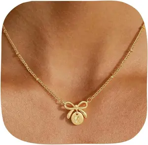 Initial Necklaces for Women - 14K Gold Plated Dainty Bow Initial Necklaces for Women Gold Jewelry Bow Initial Necklace Birthday Personalized Gifts for Her Teen
