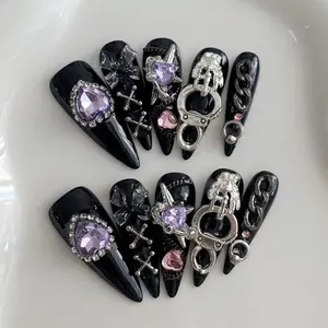 10-Piece Press-On Almond Long Nails, Fake Nails with Dark Punk Background, Three-Dimensional Love Diamond Design