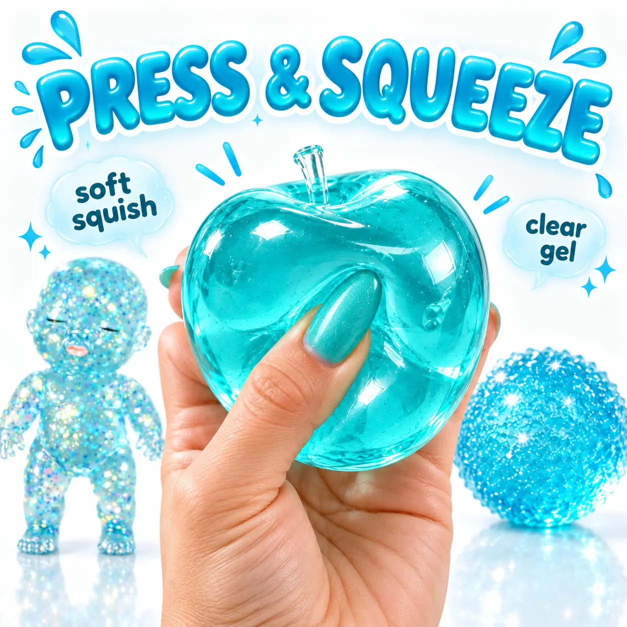 Baby Squishy 3-Piece Aqua Blue Squishy Set - Transparent Fruit, Glitter Baby Figure, Textured Ball - Soft Stress Relief Toys, Cute Desk Decor & Gift