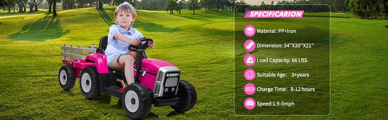 GARVEE 12V Electric Tractor with Trailer: Toddler Ride-On Car, Remote Control, 7-LED Headlights, 2+1 Gear Shift, MP3/USB, for Ages 3-6, Available in Green with 25W or 35W Motor Options and Tread or EVA Tires.