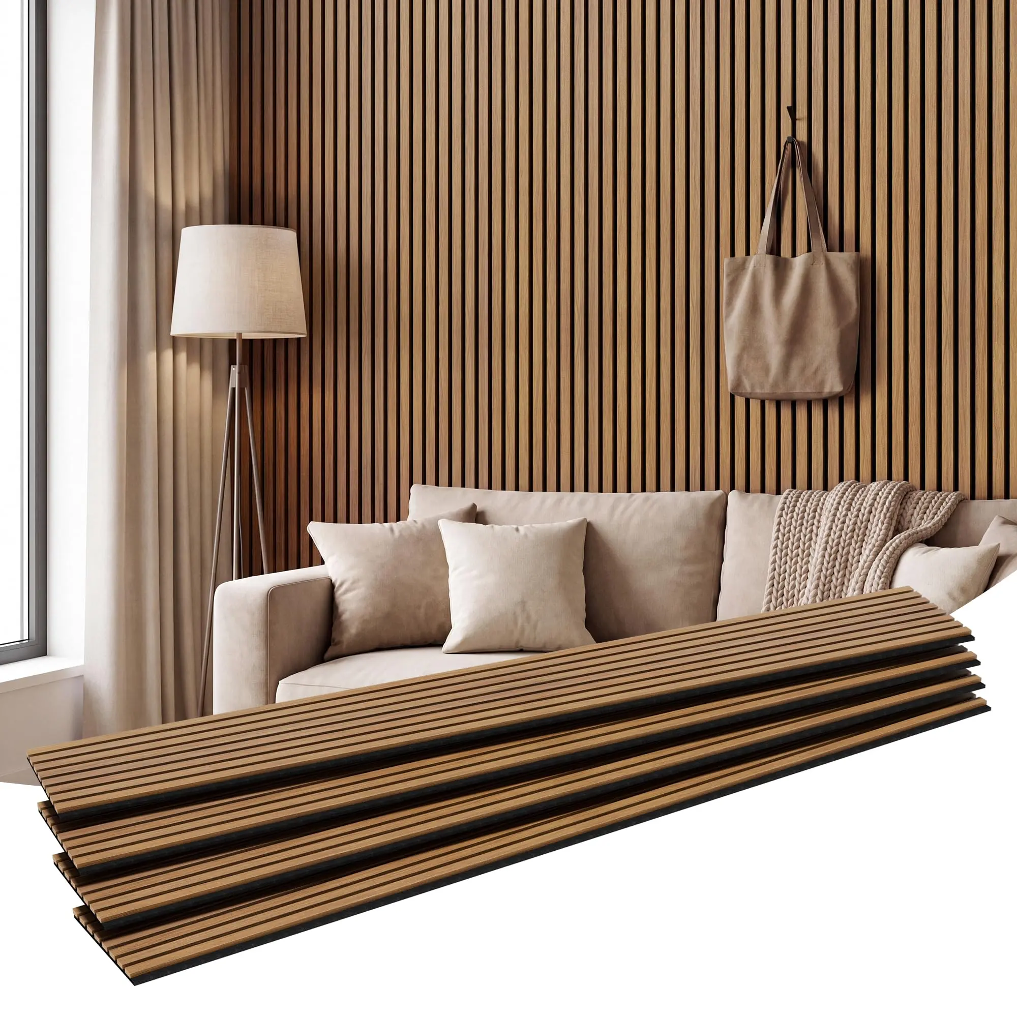 4-Pack 94.5″x12.6″ Acoustic Wood Slat Wall Panels, 8 Hooks, Teak 3-sided wood-grain finish, level included, noise-reducing, 33.1 sq ft coverage, tall-panel design for living rooms, bedrooms