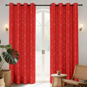Blackout Curtains, Thermal Insulated Soundproof Grommet Drapes, Wave Line Dots Foil Print,  2 Panels, Machine‑Washable Window Curtains for Bedroom Living Room Nursery, -RED