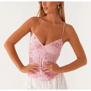 Women's V - Neck Top in Pink, Embroidered with Sparkling Sequins on Spaghetti Straps Floral