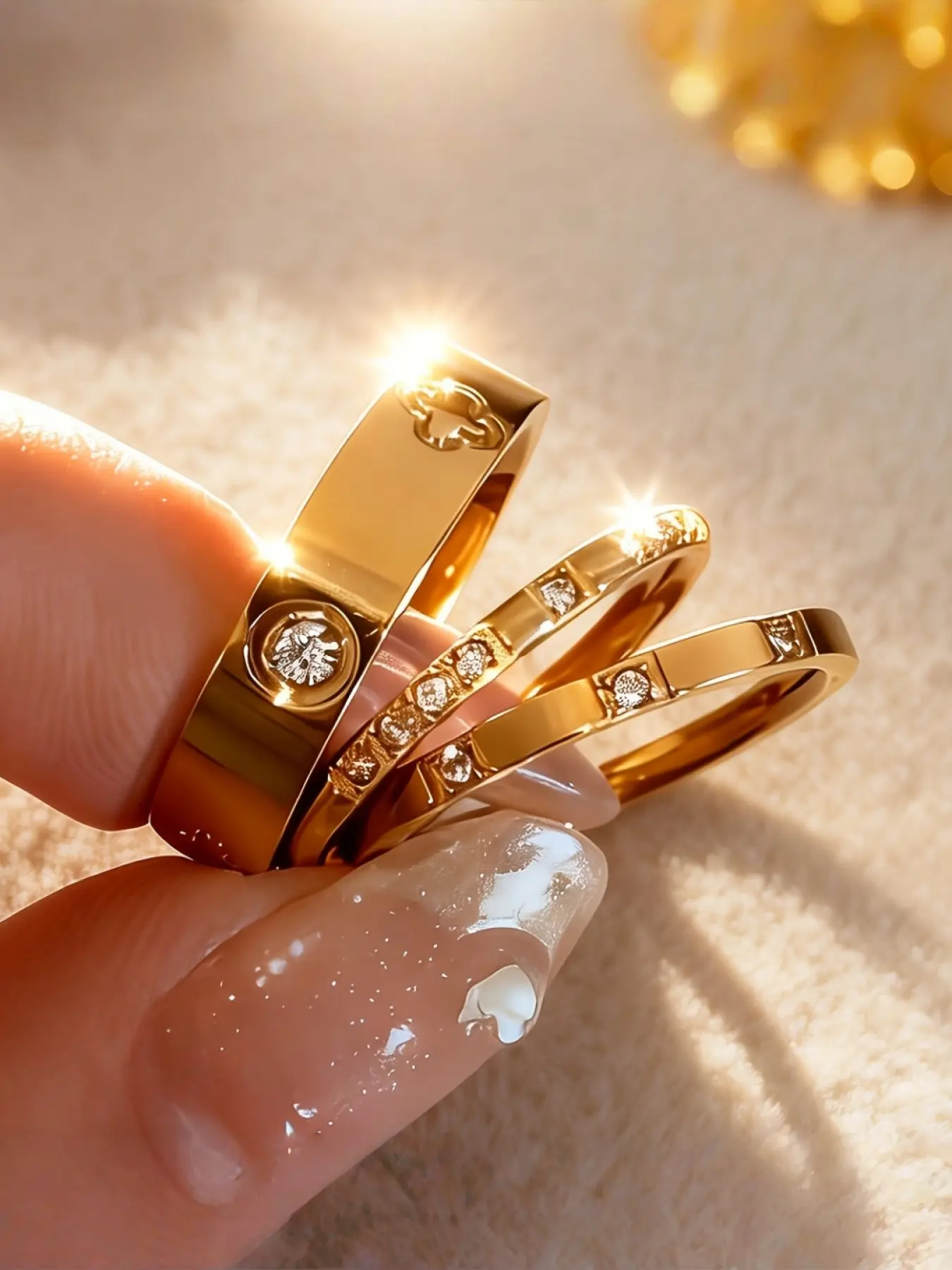 3-Piece Set 18K Gold-Plated 304 Stainless-Steel Stackable Rings for Women, Beautiful Rings, Hypoallergenic Exquisite Fade-Resistant Elegant Ring Jewelry, Ideal Gift for Valentine's Day, Mother's Day or Everyday Wear