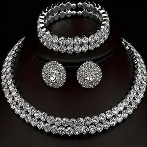 Silver jewelry set, three delicate earrings, necklace, bracelet accessories, double-layer shiny elegant and luxurious bridal set, suitable as a gift for friends, mothers, and Valentine's Day. Horseshoe Buckle Love Bracelet budget  win punjabi  jewellery