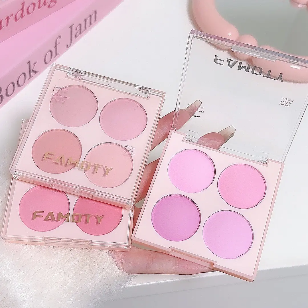 FAMOTY Four-Color Blush Low Saturation Matte Rouge for Blue Girls Gradient Toasted Teddy Blush with Blend Brush Natural Highlight Makeup Beauty Cosmetics