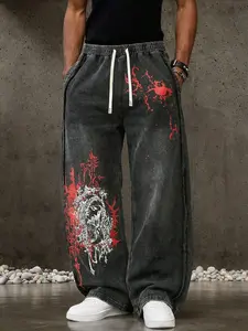 Y2K Grunge Gothic Baggy Jeans | Vintage Washed Black Streetwear Pants with Skull Graphic & Spider Print | Soft Fleece Lined for Skate, Hip Hop & Street Style | Trendy Harajuku Cyber Y2K Trousers for Men/Women