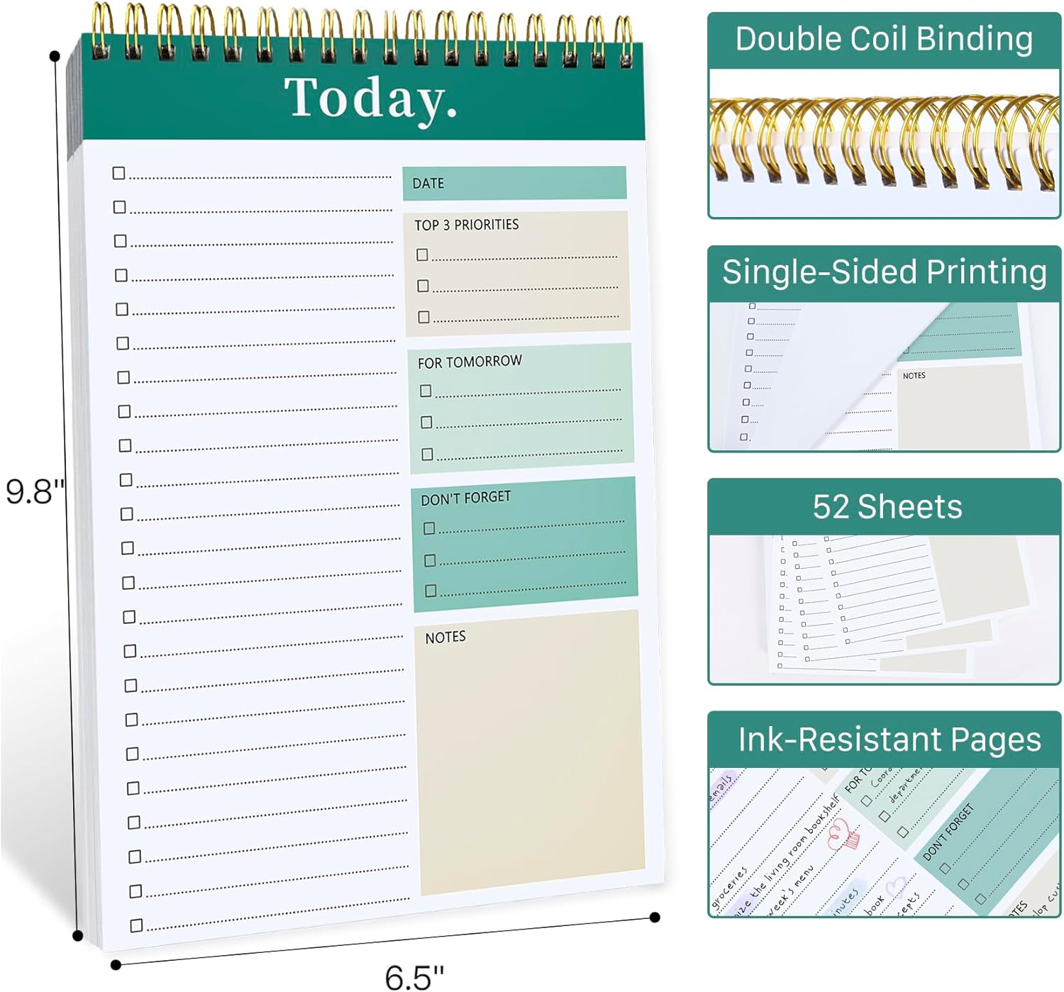 Daily To Do List Notepad - 52 Sheets Spiral Planner Checklist Notebook Work Organizer Planning Pad Perfect for Enhanced Productivity and Tasks Goal Achievement - Green
