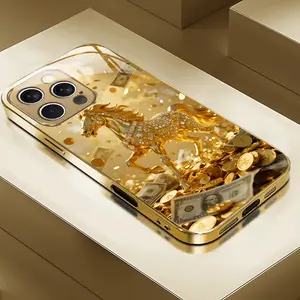 Golden Horse Pattern Electroplated Gold Texture Glass Phone Case Luxury High-end Suitable for iPhone 17 16, 15, 14, 13, 12, 11 Plus Pro Max