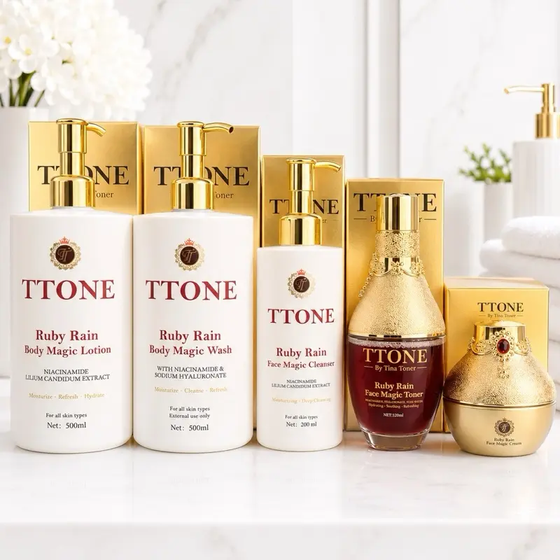TTONE Ruby Rain 5-Piece Skincare Set – Cleanser, Toner, Face Cream, Body Wash & Body Lotion (Full Routine Set)
