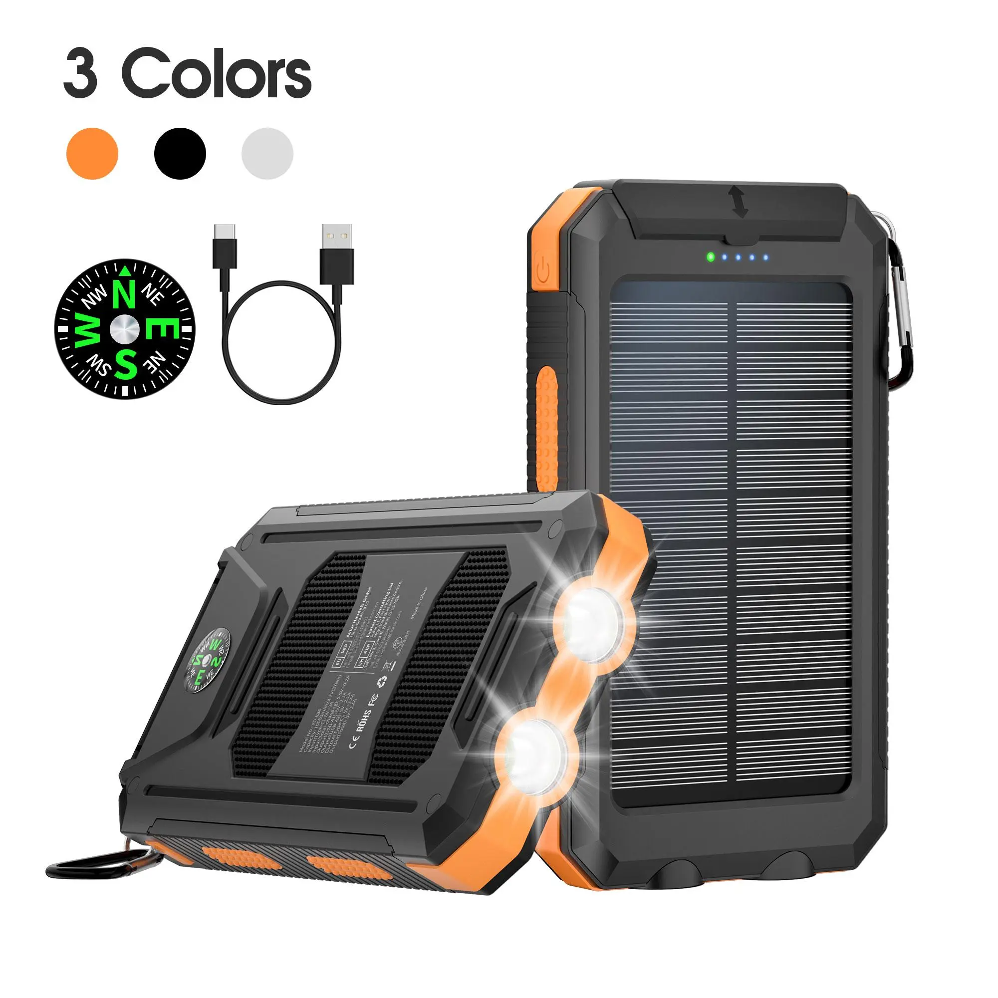 Solar Power Bank with Built-in Dual Flashlights, 10000mAh Portable Mobile Phone Charger, Outdoor Emergency Item with Dual USB Port Output