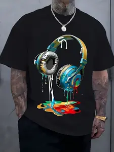 Men'S Streetwear Graphic T-Shirt | Vibrant Headphones and Paint Splatter Print - Breathable Fabric | Loose Casual Summer T-Shirt & Machine Washable, Casual Wear