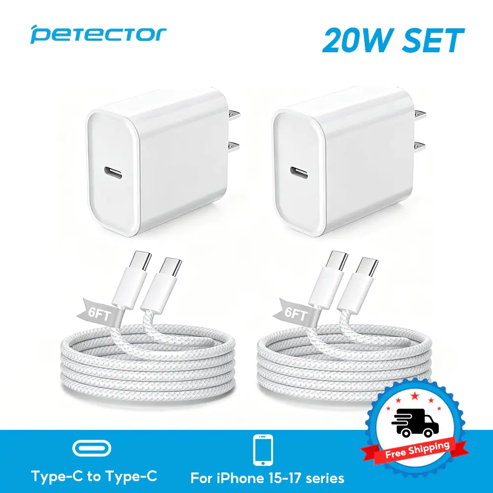 Petector iPhone Charger Fast Charging,20W iPhone USB C Fast Charger Block 2Pack 6FT Type C USB C to C Woven Cable for iPhone 17 Pro Max/17 Pro/Air/16 Pro Max/16 Pro/15 Pro Max,iPad Pro/Air