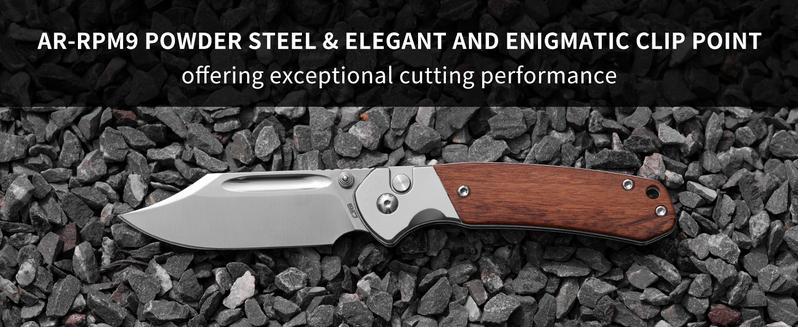 CJRB Bowie Pyrite Pocket Tool Knife with 3.15'' AR-RPM9 Steel Blade, Hunting Knife with Wood Handle for Camping and FathersDayGift