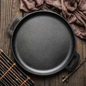 Cast iron pot, pre-seasoned, multi-functional, non-stick, perfect for pizza lovers, home kitchens, outdoor cooking, durable, heats evenly, and versatile.