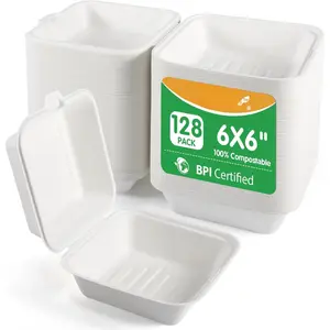 6x6", 128-Pack Compostable Clamshell Take Out  Containers, Biodegradable Bagasse Paper To-Go Boxes for Burgers, Sandwiches, , Microwave & Freezer Safe (White, Small)