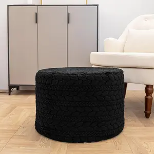 Round footstool 20 x 20 x 14inch Bohemian style home decor floor footstool suitable for sofa, beanbag chair, living room, bedroom (black)