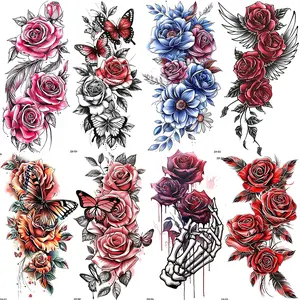 8 Piece Colorful Temporary Tattoo Set, Waterproof Realistic Tattoos for Women, Floral Design with Roses & Skulls, Waterproof Sweatproof Easy Apply Remove
