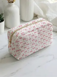 1 piece of pink bow and heart pattern 2D printed makeup bag, large capacity design|suitable for all seasons/general use|can hold daily skincare products and various cosmetics|liftable for daily life and travel