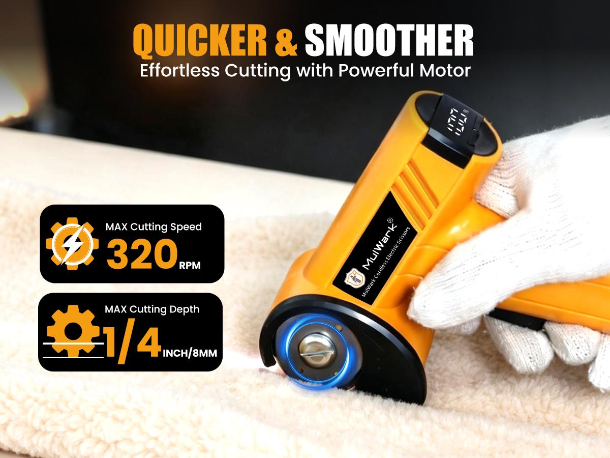 Mulwark Cardboard Cutter Electric, 4.2V Electric Scissors Cordless LED Display an LED Light, Includes 2 Spare Blades, Professional Electric Box Cutter for Cardboard, Carpet, Plastic, Leather, Packaging, Portable Cutting Tool, Yellow with Storage Bag