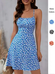 Women's Ditsy Floral Print Criss Cross Tie Sleeveless Backless Cami Dress, Boho Fashion Spaghetti Strap A Line Short Dress for Beach Holiday Vacation, Ladies Summer Clothes, Bohemian Casual Womenswear