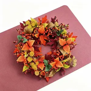 Vibrant Autumn Artificial Wreath, Maple Leaves with Mixed Berries, Rustic Thanksgiving and Fall Porch Decor