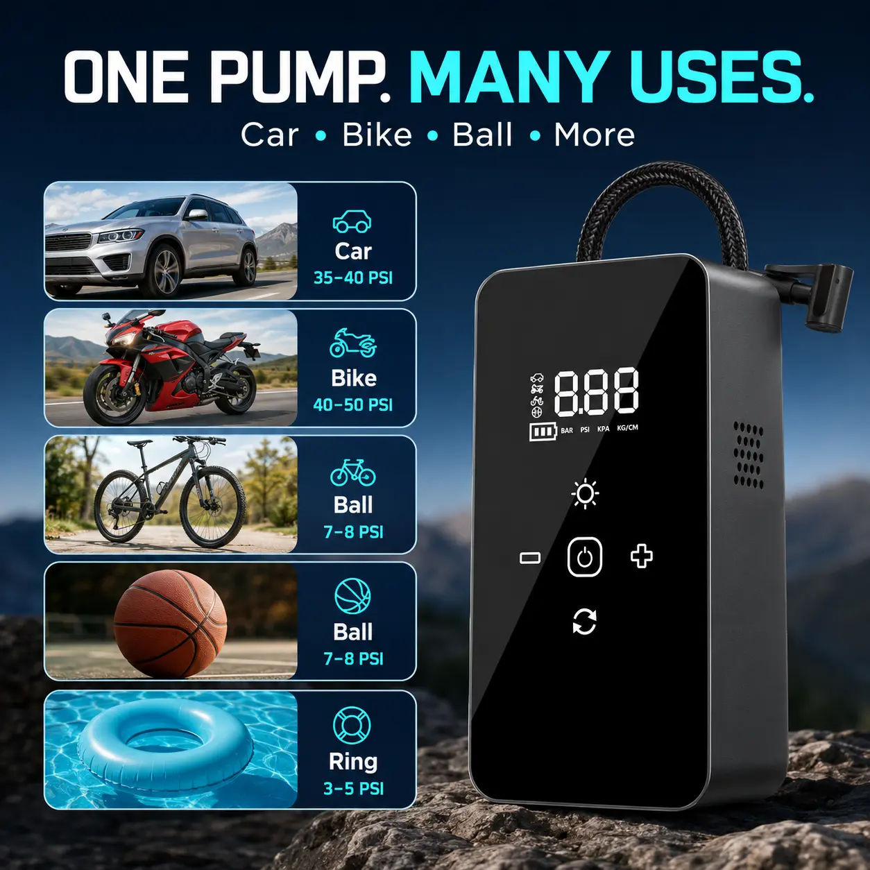 Cordless Digital Tire Inflator - 150 PSI Rechargeable Air Compressor with Auto Shut-Off, Fast Inflation, Digital Tire Gauge Pumps for Car, SUV, Bike, Tire Pumps