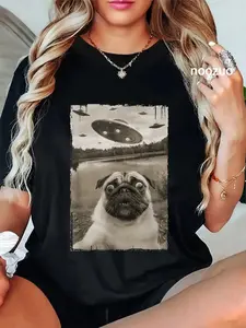 100% Cotton Unisex Vintage Pug UFO Encounters - Funny UFO and Pug Selfie T-Shirt Casual Top