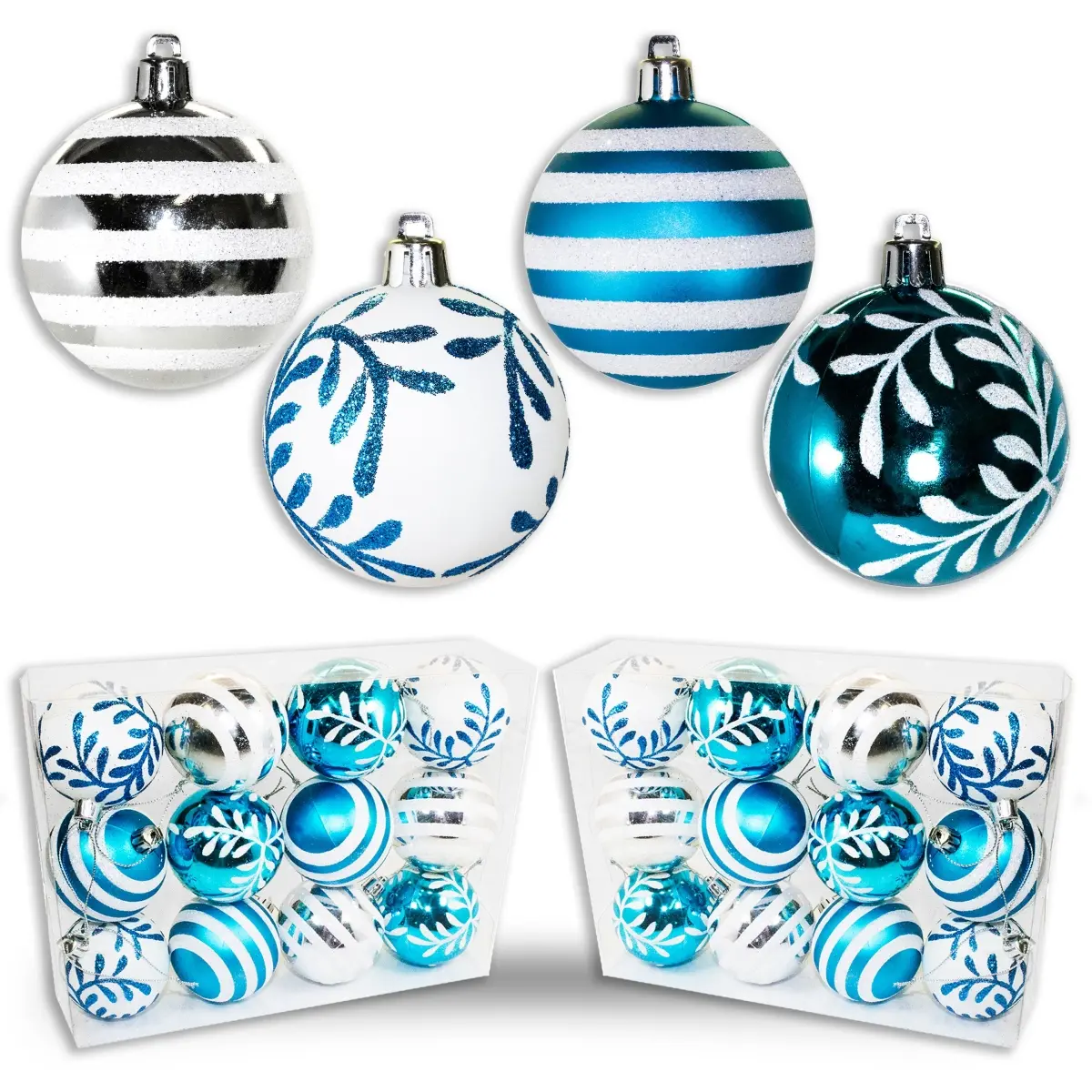 212 MAIN 2-in Shatterproof Plastic Sphere Hanging Ornaments, Aqua & White with Snowflake-Glitter Lines, Traditional Festive Room Decoration (Pack of 24)