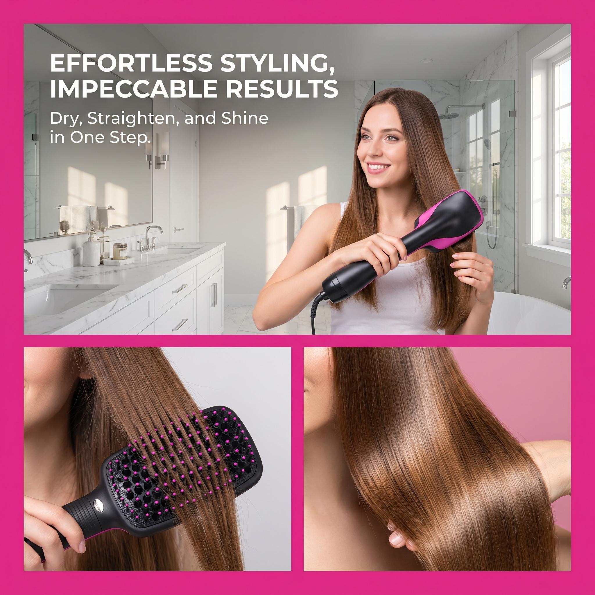 2 in 1 Hair Dryer Brush & Straightener Brush, Hair Dryer and Styler, Negative Ion Blow Dryer Brush, Hot Air Brush Detangles, Dries, Smooths, Reduce Frizz & Static