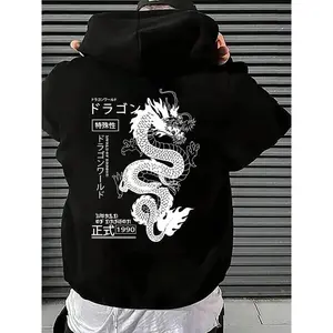 Dragon patterned men's casual daily hoodie, printed on the back, pocket, regular fit, suitable for autumn and winter wear