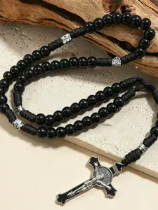 Vintage Stone Beaded Necklace, Silver Color Cross Pendant, Layerable Long Sweater Chain, Retro Antique Style Jewelry