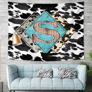 Stylish Rustic Animal Print Wall Tapestry, Unique Digital Print Tapestry featuring Black and White Cowhide Background with Light Blue Diamond Border, Eclectic Home Decor, Ideal Wall Hanging for Bedroom or Living Room, Rustic Chic Art, Home Textile